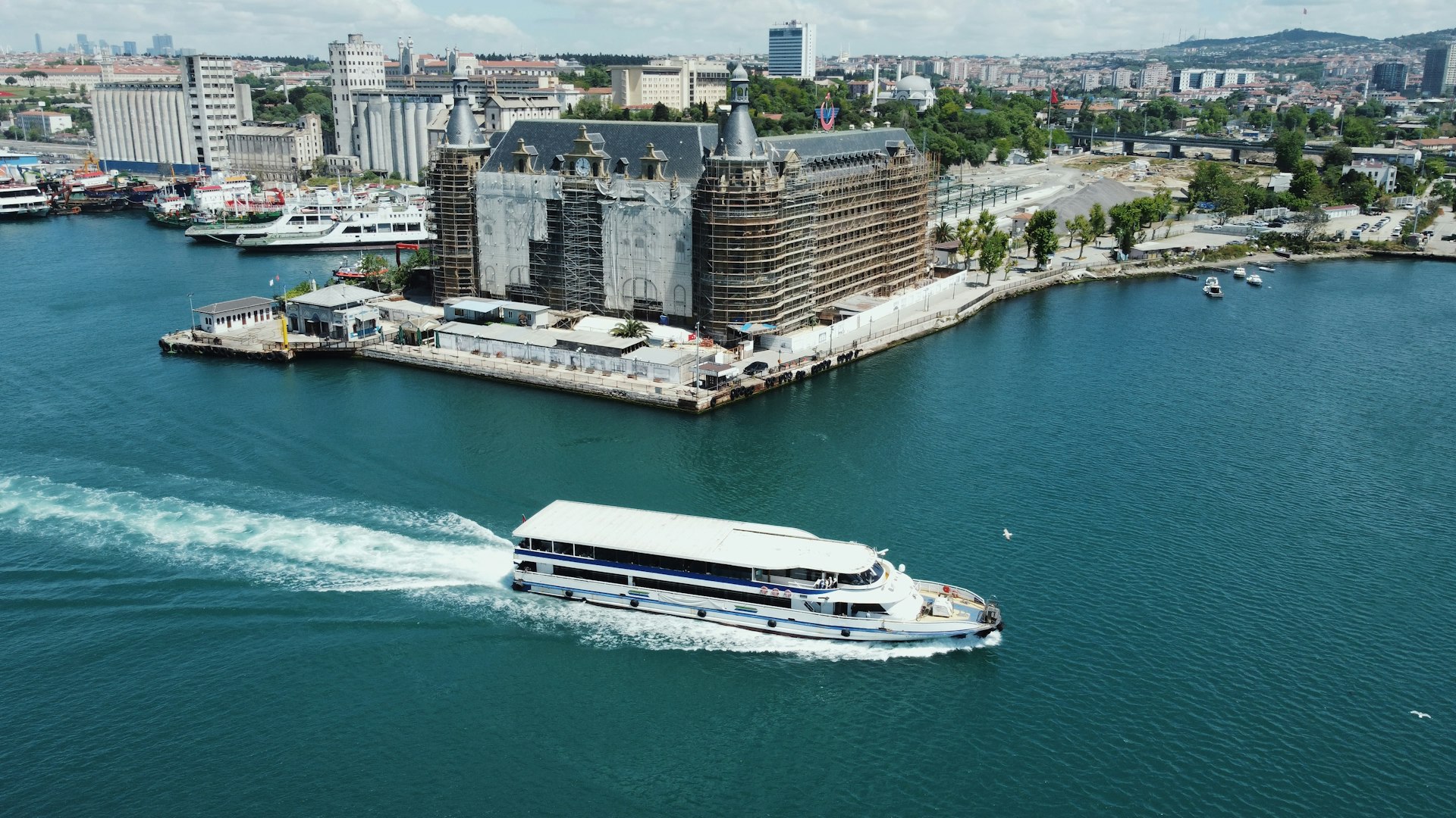 A large boat traveling through a large body of water