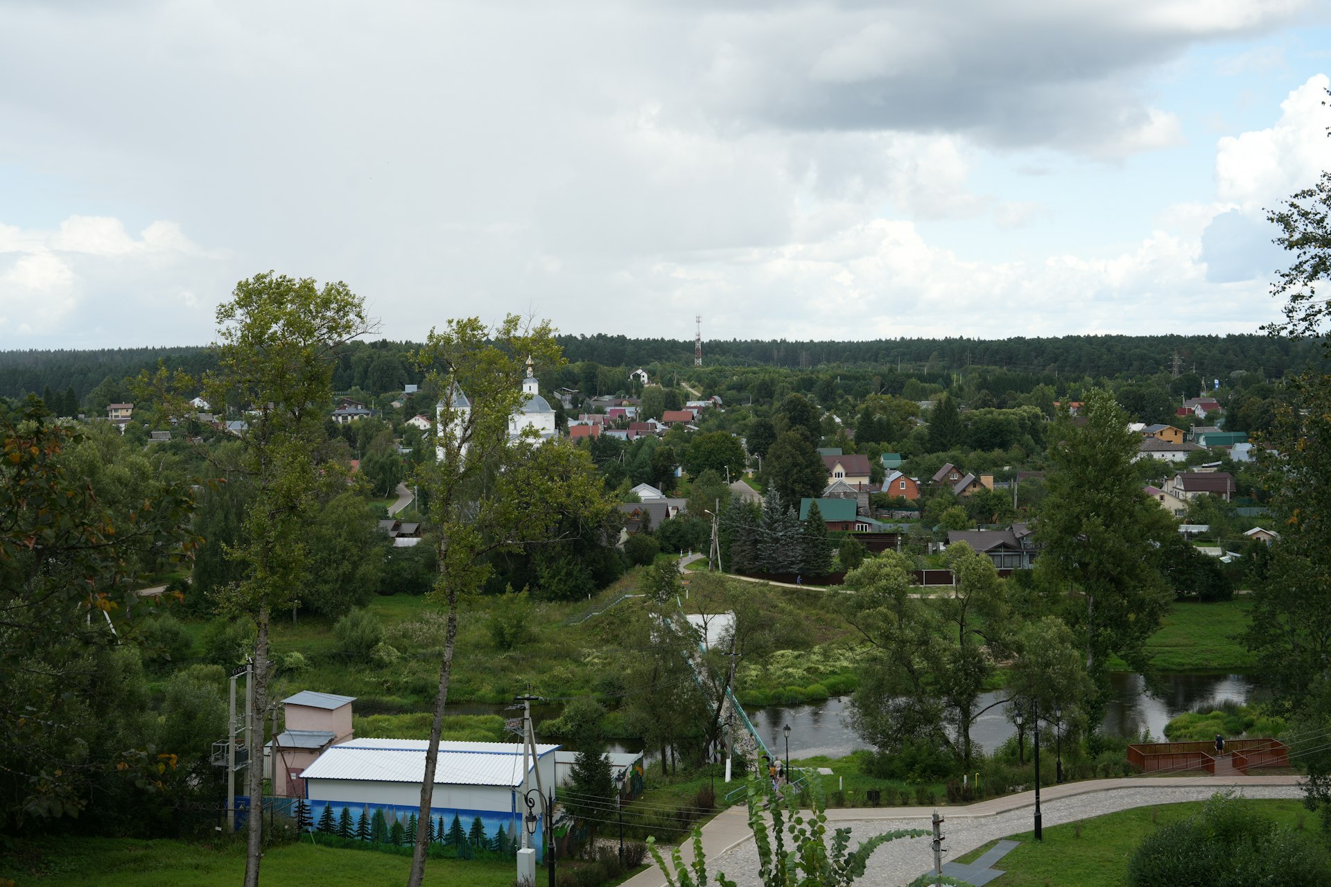 A view of a small town from a hill