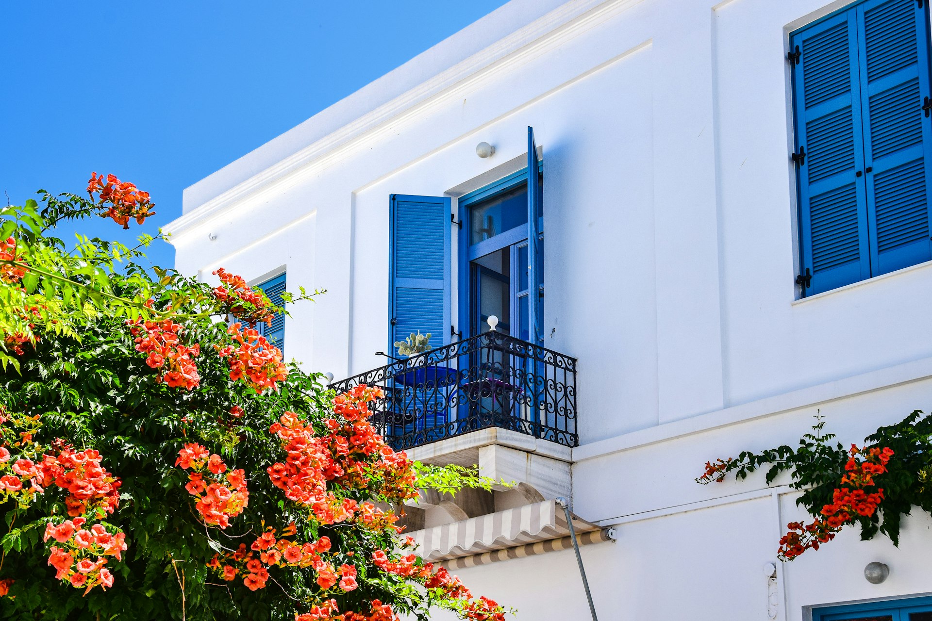 a white house with blue shutters and flowers in front of it