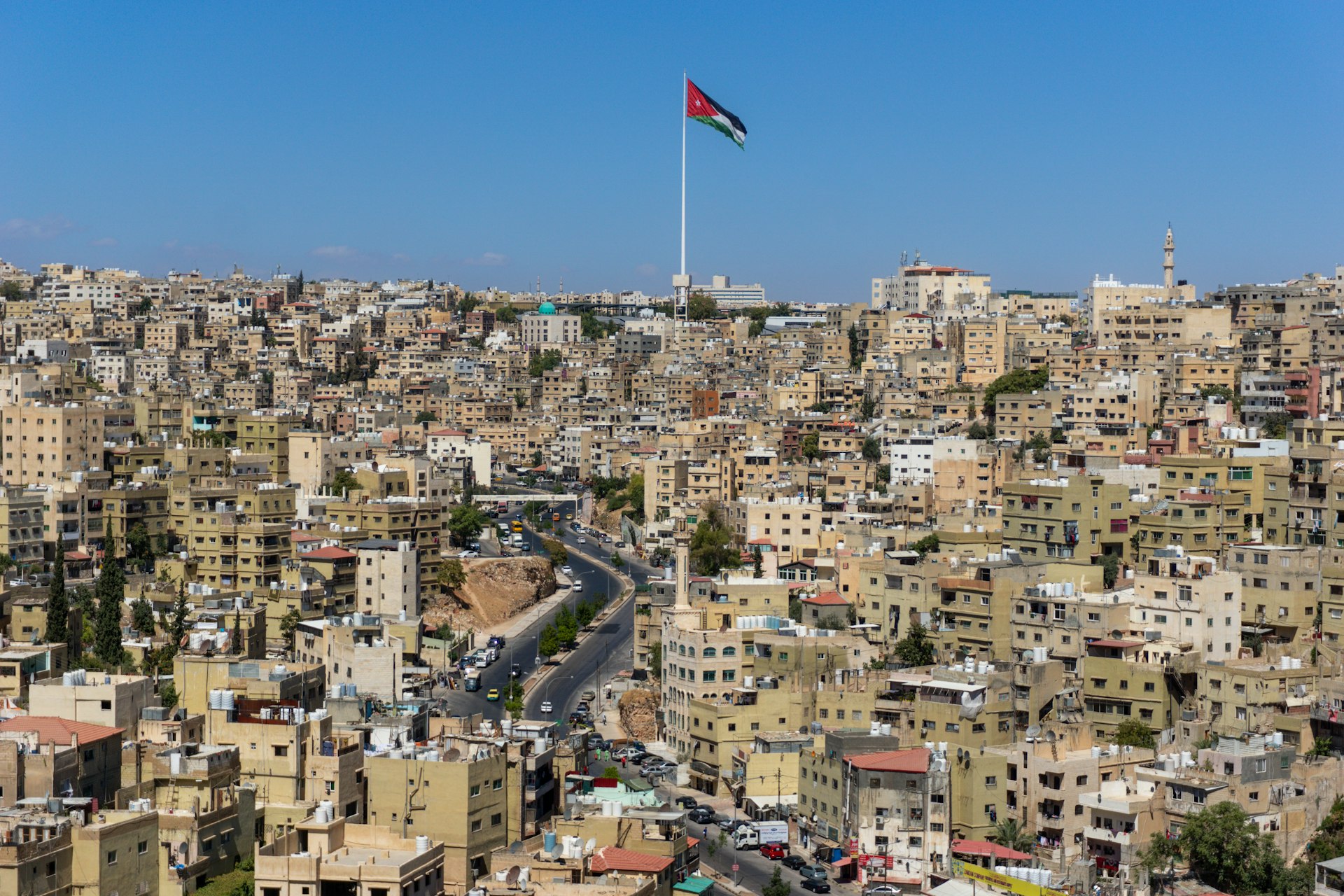 A view of a city with a flag on top of it