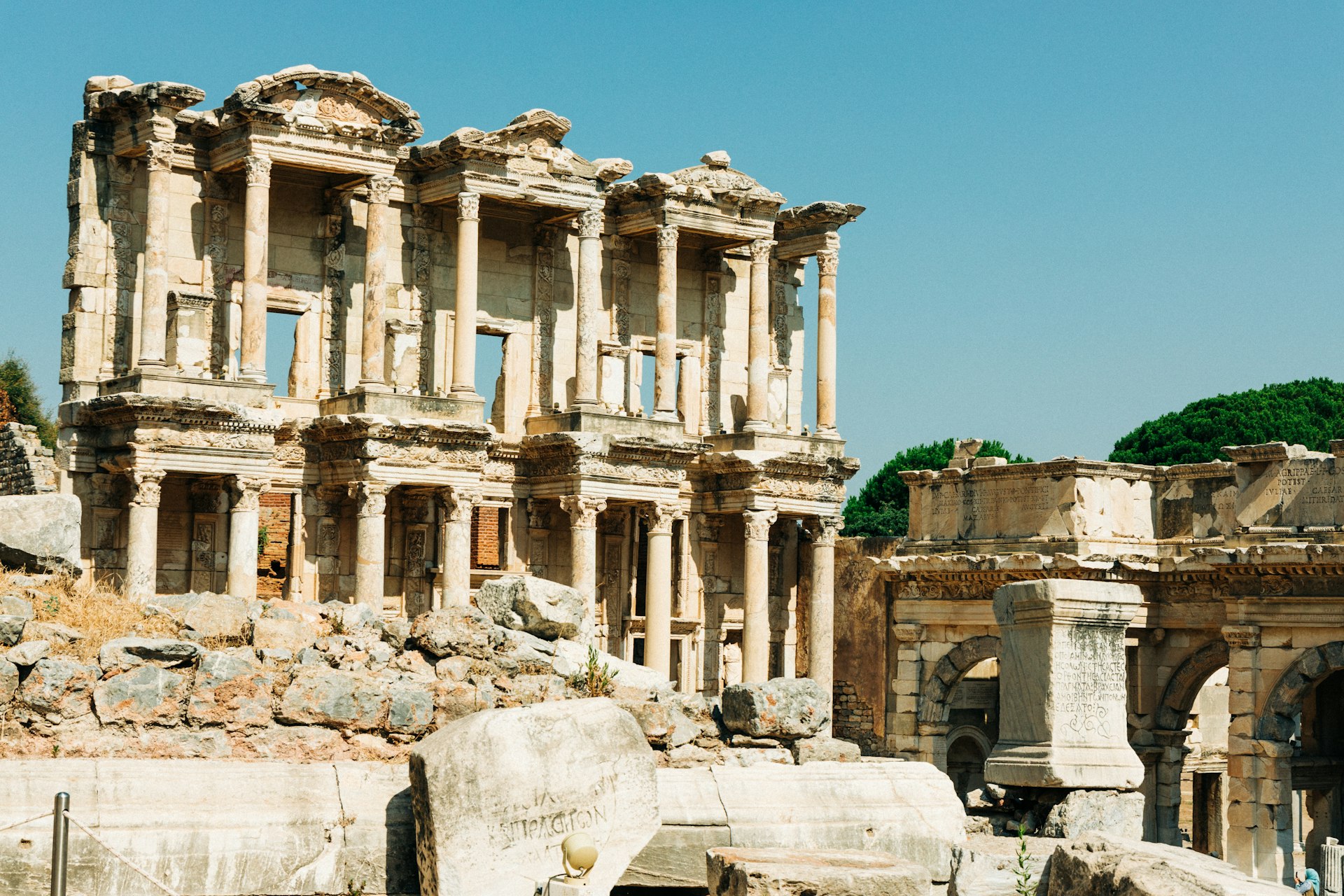 Library of Celsus with columns and a blue sky