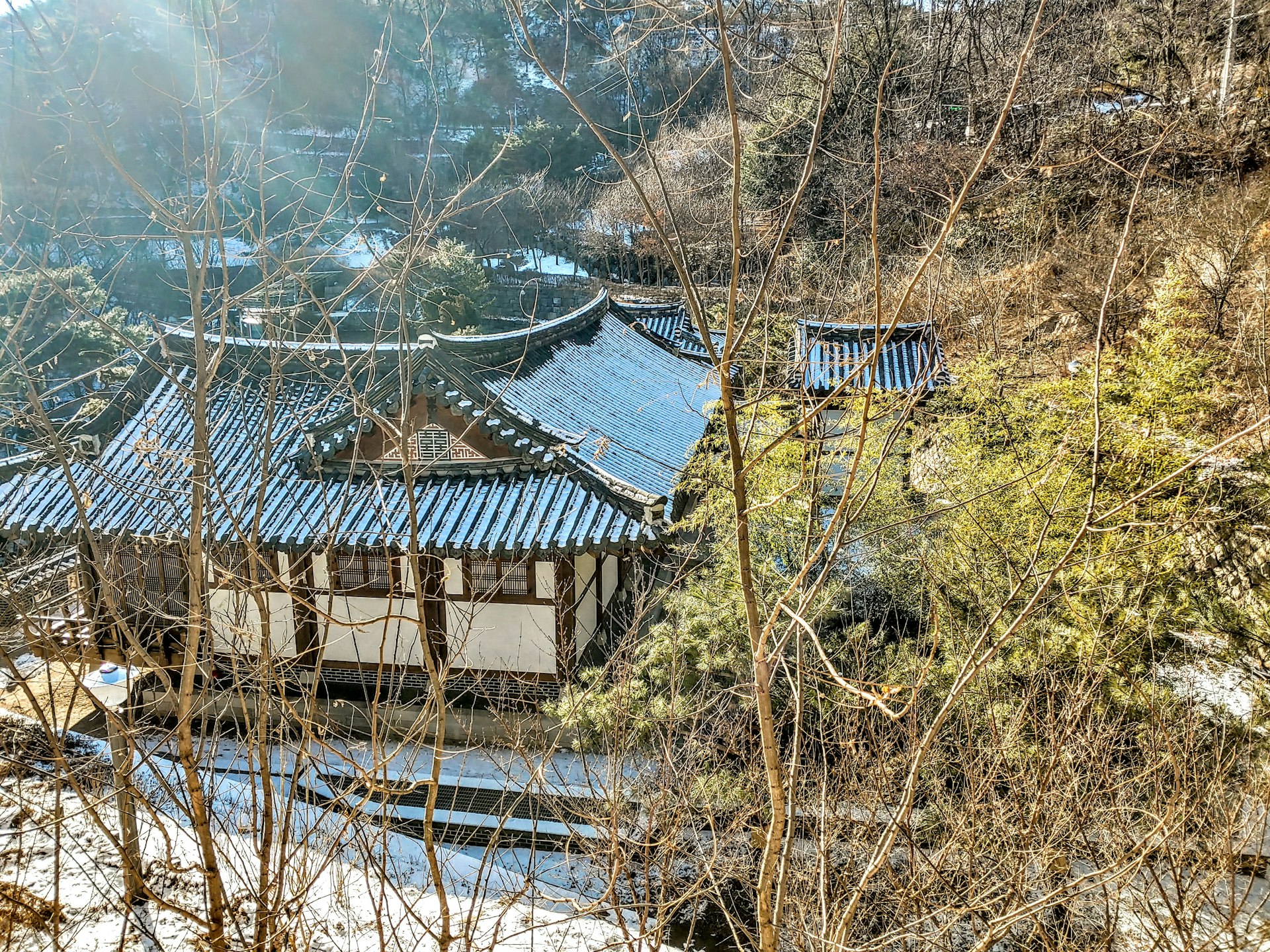 a building with a blue roof surrounded by trees