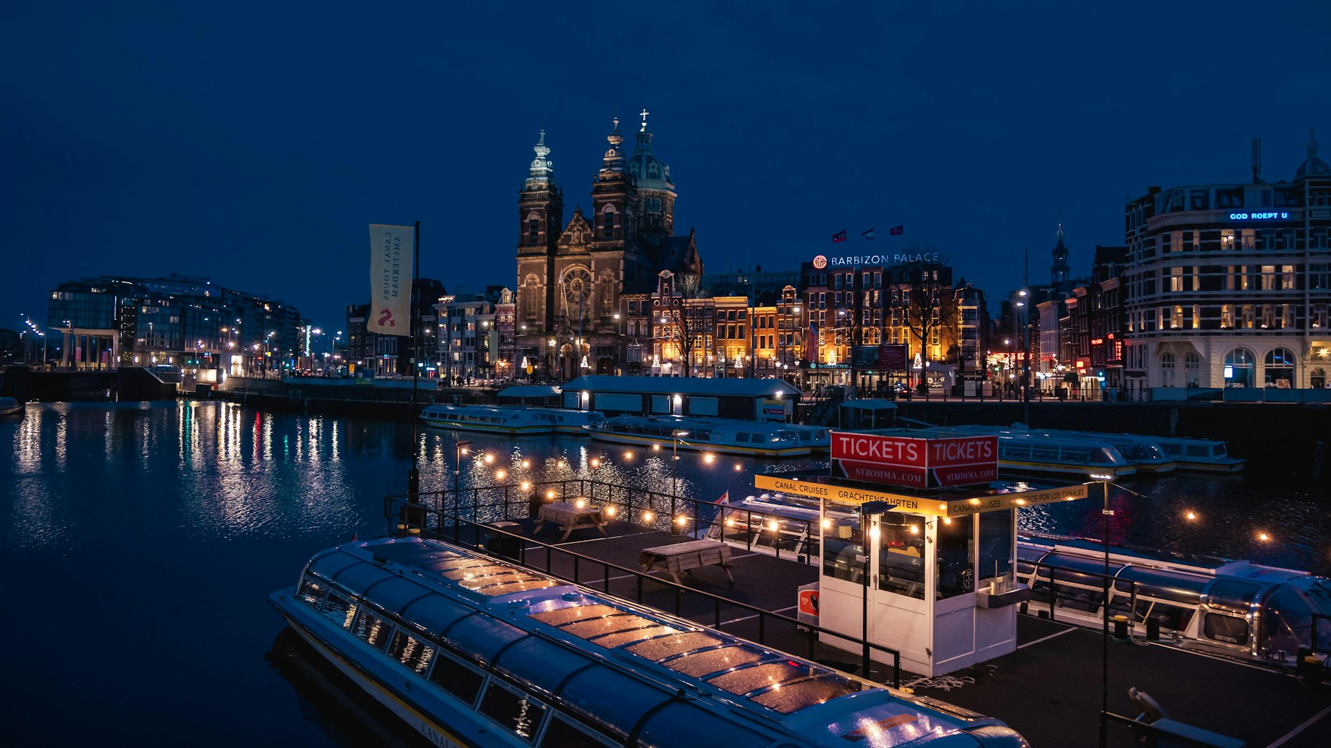 a city with a river and boats