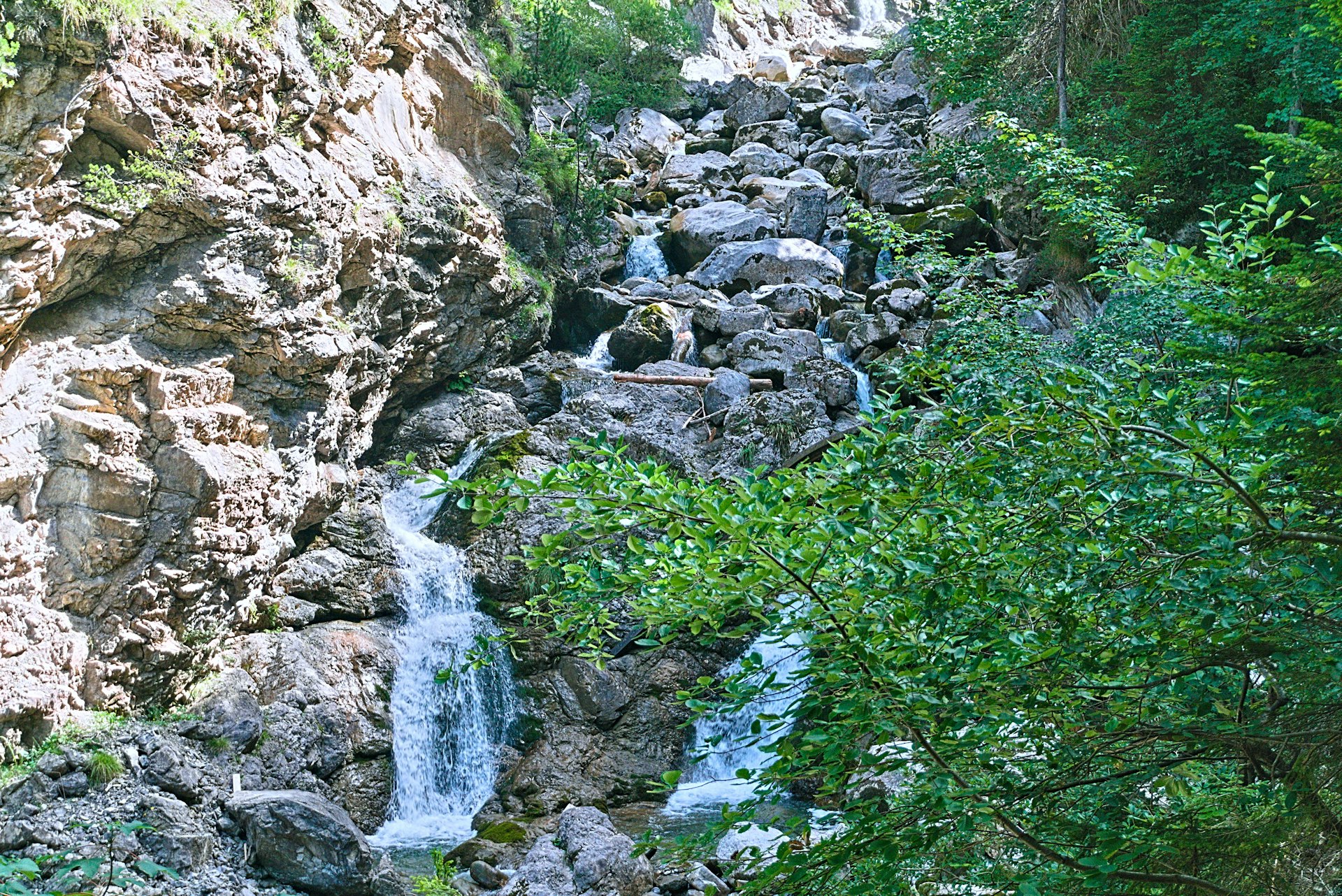 a small waterfall in the middle of a forest