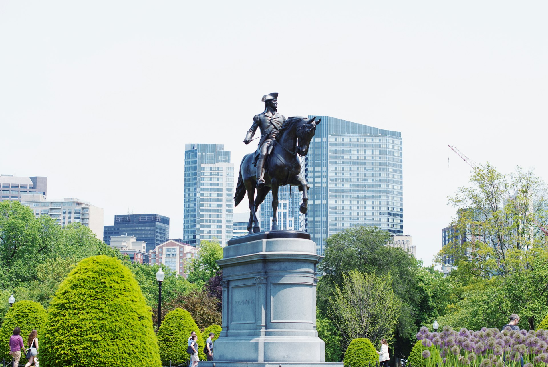 black horse statue near green trees and buildings during daytime