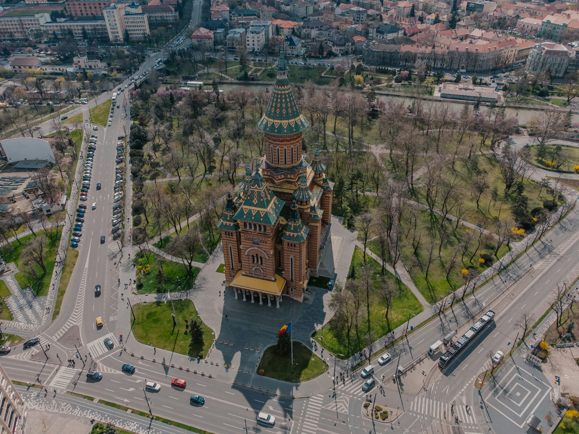 an aerial view of a large building in a city