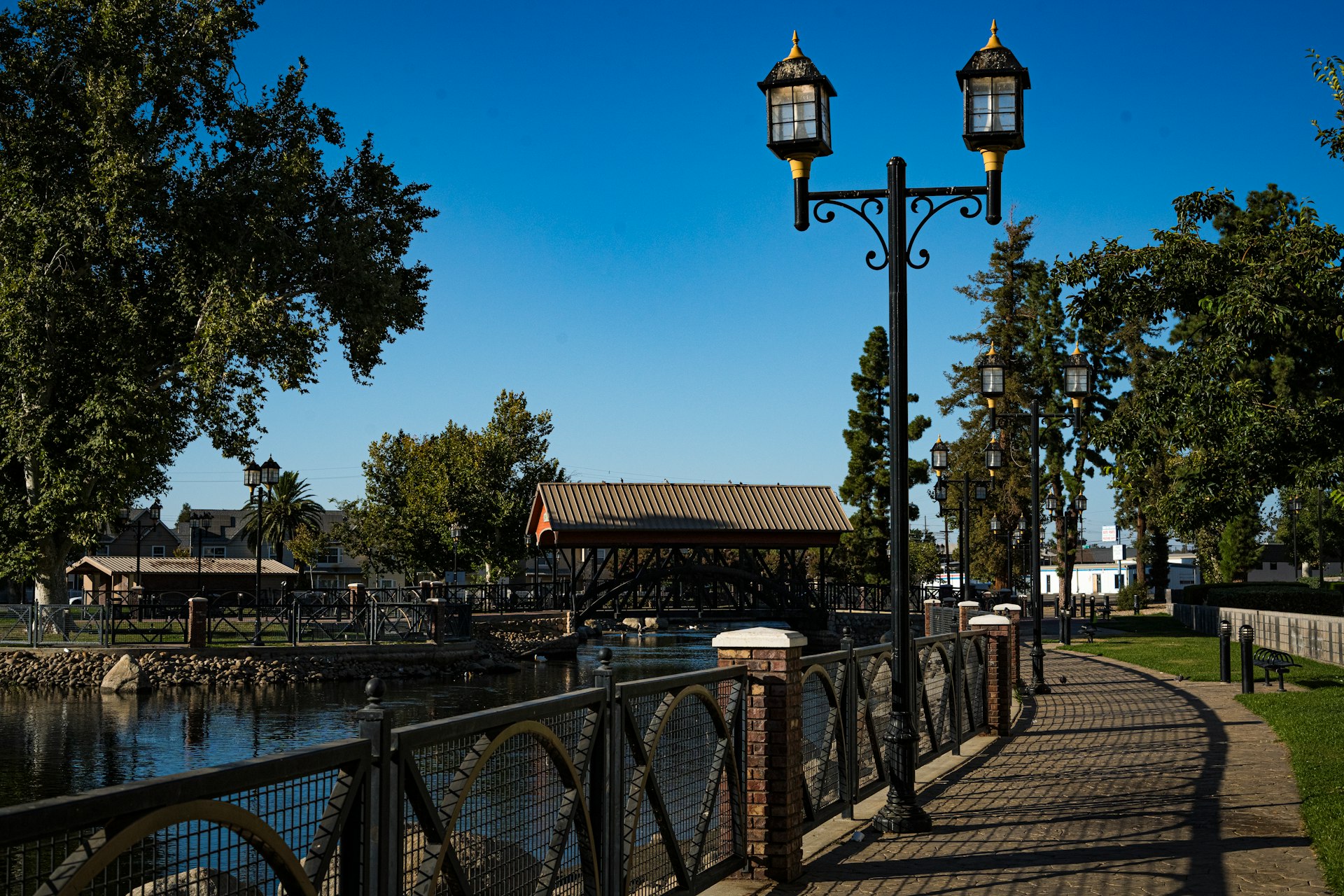 A street light sitting next to a body of water