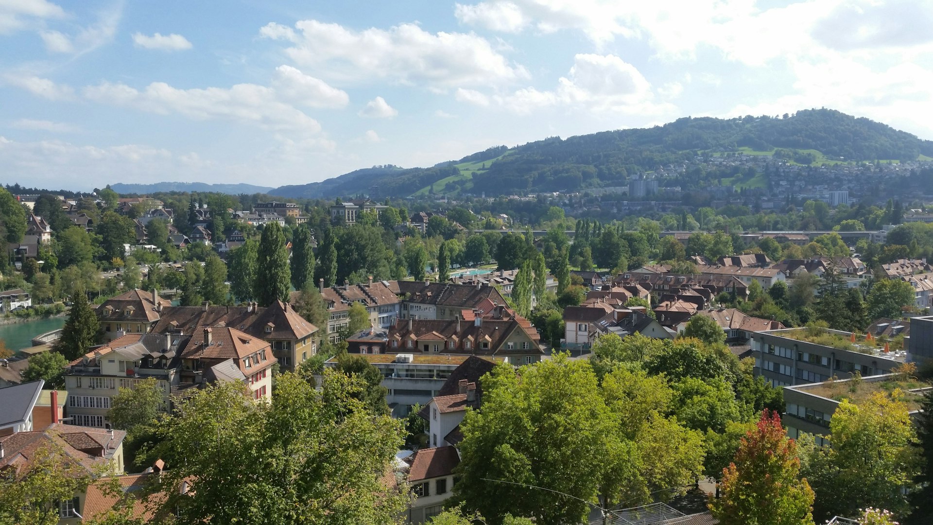 brown and white concrete houses near green trees under white clouds and blue sky during daytime