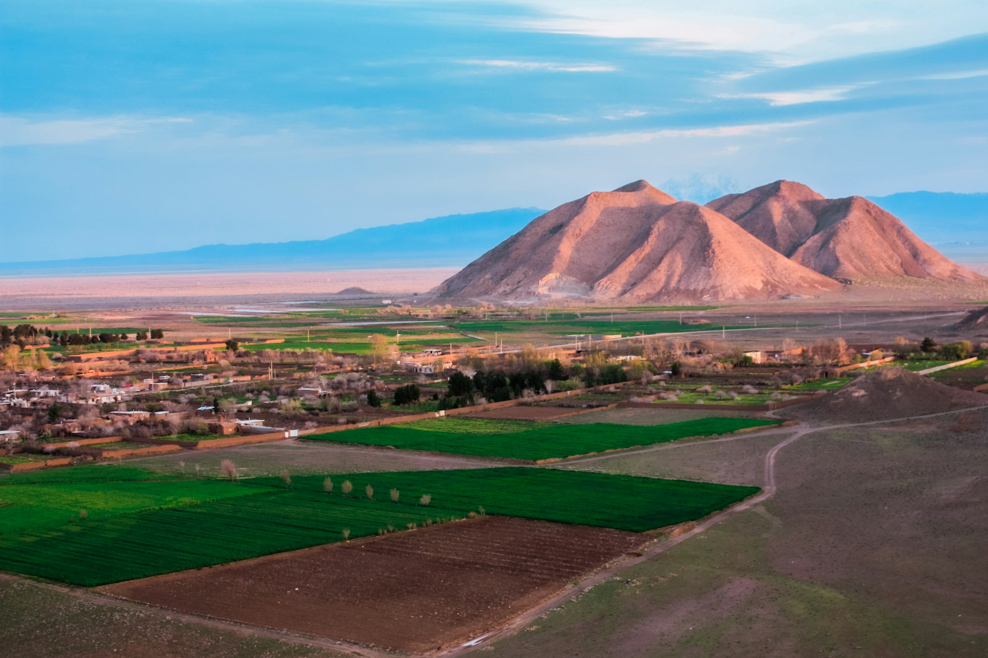 a large green landscape with a mountain in the background