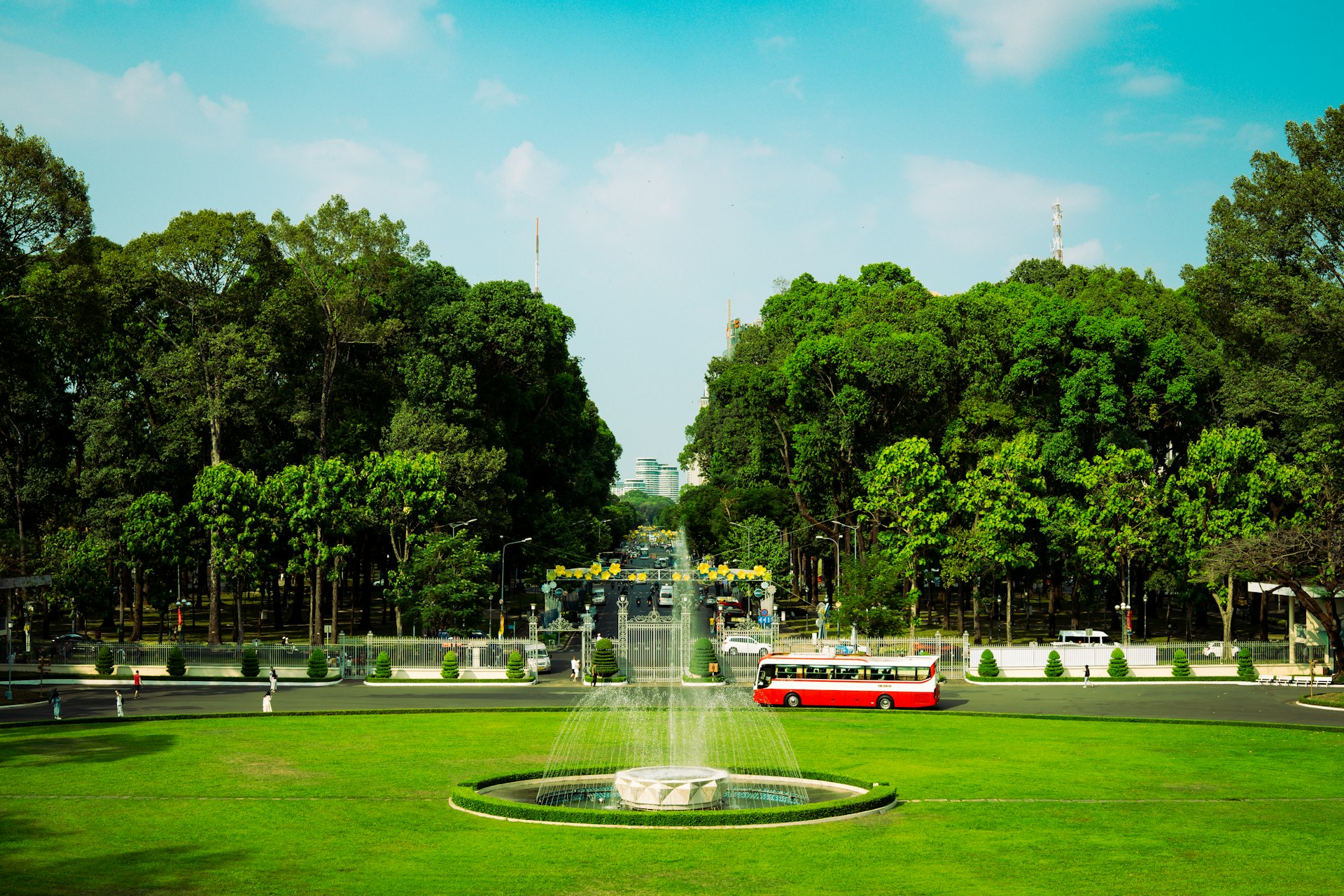 A park with a fountain in the middle of it